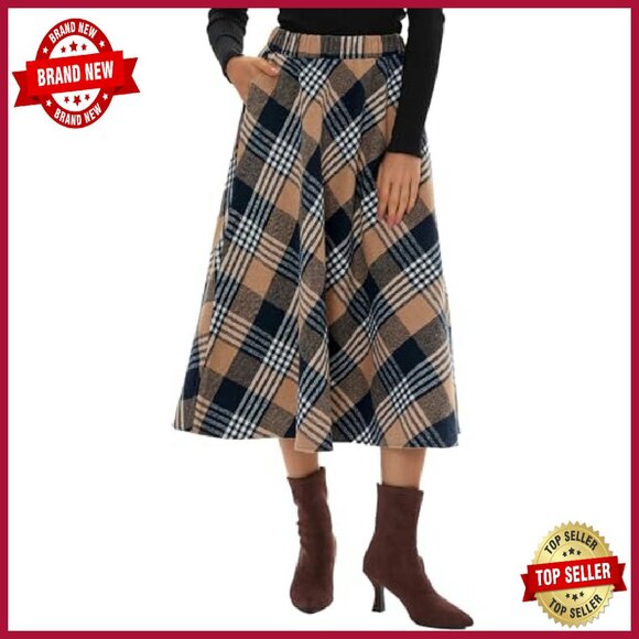 Women's Long Plaid Wool Skirt High Waisted A-Line Pleated with Pockets - Picture 2 of 8